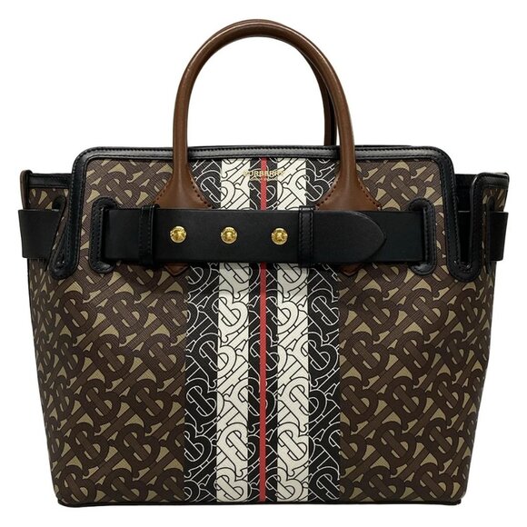 Auth BURBERRY LONDON ENGLAND Canvas Monogram Stripe Belt Tote Beige Dark Brown - Picture 1 of 16
